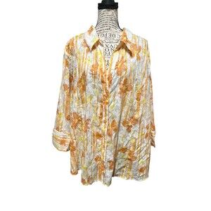Denim & Co Button Up Floral 3/4 Sleeves Plus 3X Cottagecore Officecore Vacation